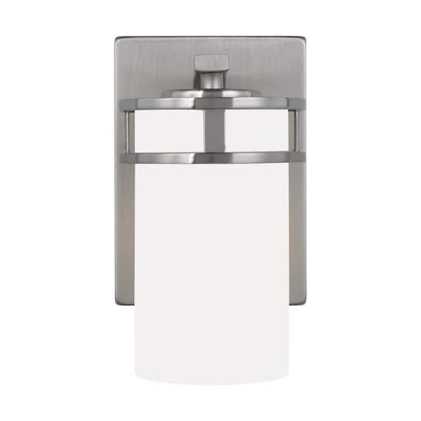 Generation Lighting Robie 5 in. 1-Light Brushed Nickel Transitional Bathroom Vanity Light Wall Sconce with White Glass Shade and LED Bulb
