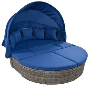 6-Piece Gray Wicker Outdoor Day Bed with Retractable Canopy and Blue Cushions