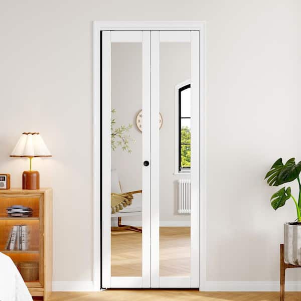 30 in. x 80 in. 1-Lite Mirror Glass White Finished Solid Core Wood Interior Closet Bi-Fold Door with Hardware