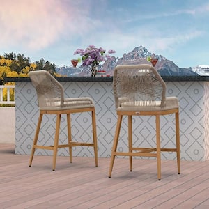 Modern Aluminum Twill Wicker Woven Counter Height Outdoor Bar Stool with Back and Sunbrella Khaki Cushion (2-Pack)