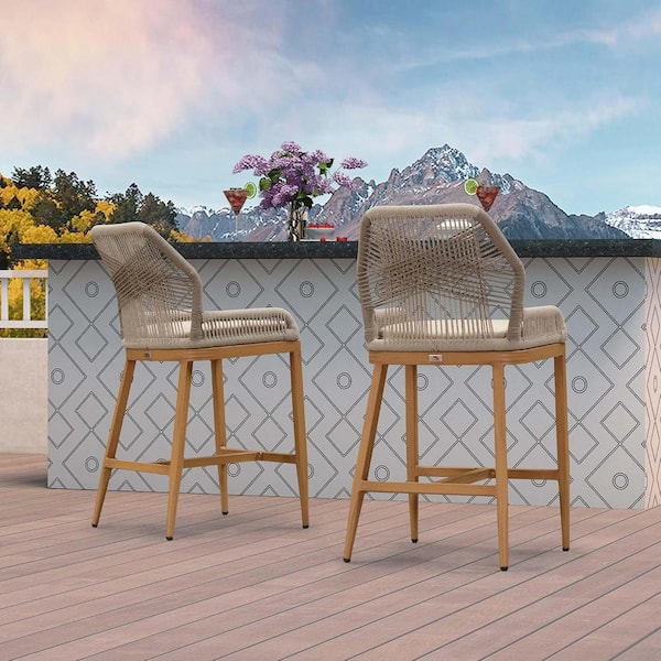 PURPLE LEAF Modern Aluminum Twill Wicker Woven Counter Height Outdoor Bar Stool with Back and Sunbrella Khaki Cushion (2-Pack)