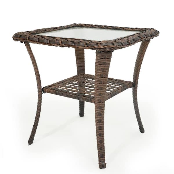 Opohoro PlainCurve Brown Square Wicker Outdoor Side Table with Tempered Glass Top and Lower Wicker Storage Shelf