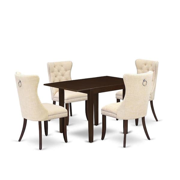East West Furniture 5-Piece Mahogany Finish Solid Wood Top Rectangular Upholstered Dining Room Set with Dropleaf (Seats-4)