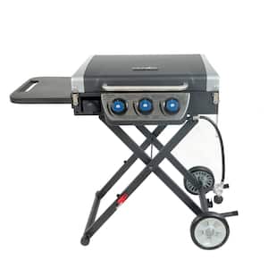 3-Burner Propane Gas Griddle with Cart, Side Shelf and Lid in Black