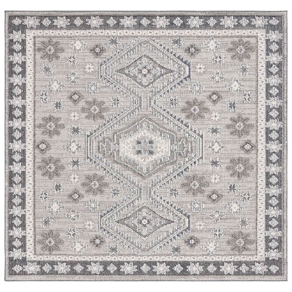 Global Light Gray/Dark Gray 7 ft. x 7 ft. Aztec Geometric Border Indoor/Outdoor Square Area Rug