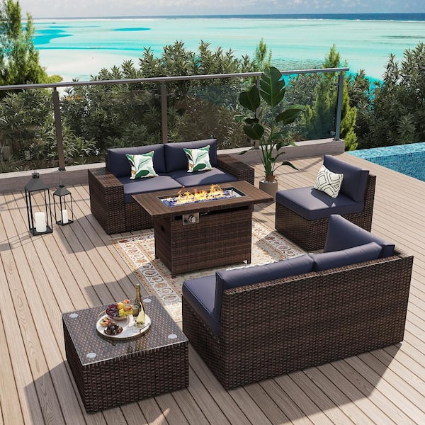 Sizzim 7-Piece Outdoor Fire Pit Patio Set, Patio Sectional Set with Fire Pit Table, Coffee Table, Blue Cushions, Set Covers