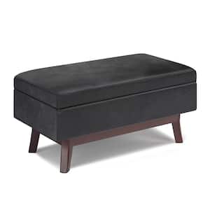 Owen 36 in. Wide Mid Century Modern Rectangle Small Rectangular Storage Ottoman in Distressed Black Faux Leather