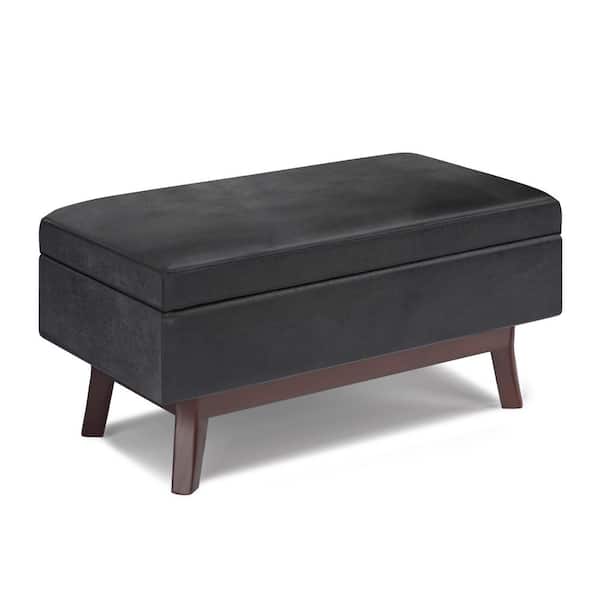 Simpli Home Owen 36 in. Wide Mid Century Modern Rectangle Small Rectangular Storage Ottoman in Distressed Black Faux Leather