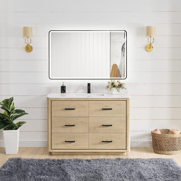ROSWELL Porto 48 in. W x 22 in. D x 33.8 in. H Single Sink Bath Vanity in Natural Oak with White Qt. Stone Top