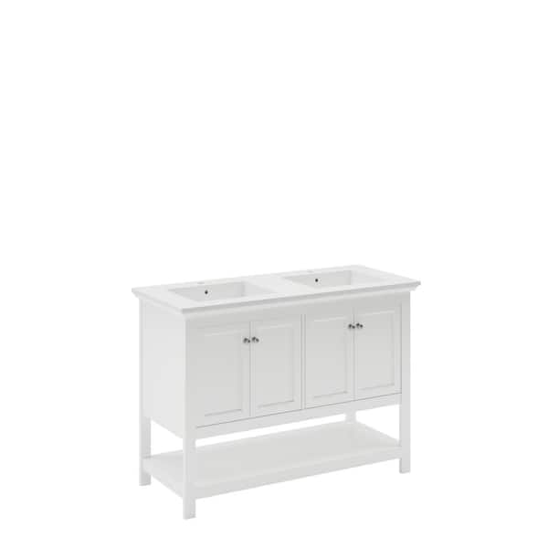Fresca Manchester 48 in. Double Sink Shaker-Style White Bath Vanity with White Quartz Top and Integrated Sink
