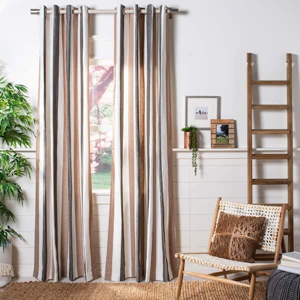SAFAVIEH Brown/Beige/Dark Grey Striped Linen Grommet Room Darkening Curtain - 52 in. W x 84 in. L