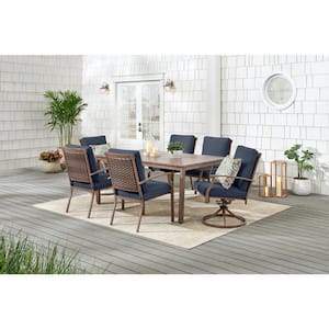 Geneva 7-Piece Brown Wicker Outdoor Patio Dining Set with CushionGuard Sky Blue Cushions