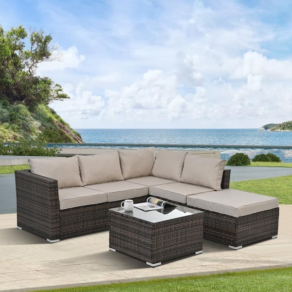 Unbranded 4-piece PE Wicker Outdoor patio Sectional sofa furniture set with tempered glass coffee table, beige Cushions