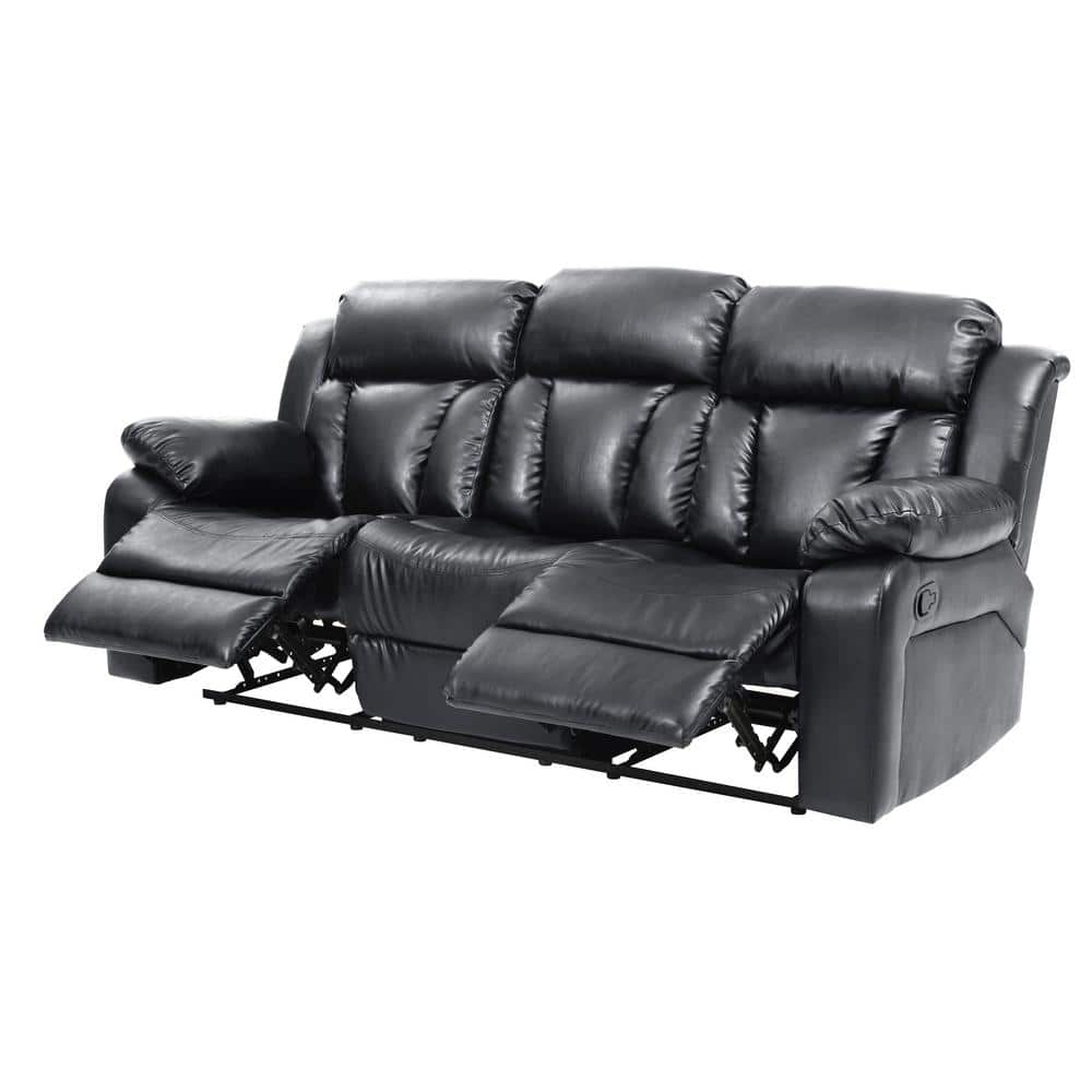 85 in. W Padded Flared Arm Faux Leather Rectangle 3-Seats Modern Handle Mechanism Reclining Sofa in Black -  ANGELES HOME, MAG9257-RS-BK