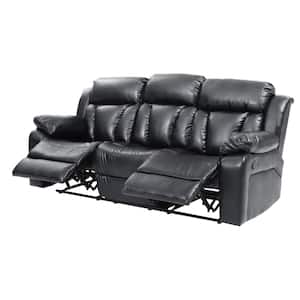 85 in. W Padded Flared Arm Faux Leather Rectangle 3-Seats Modern Handle Mechanism Reclining Sofa in Black