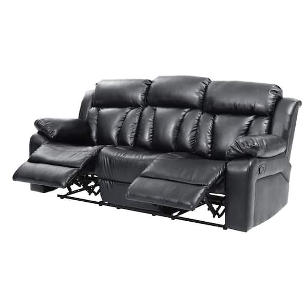 ANGELES HOME 85 in. W Padded Flared Arm Faux Leather Rectangle 3-Seats Modern Handle Mechanism Reclining Sofa in Black