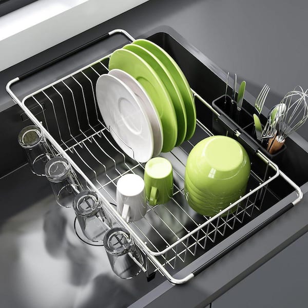 Silver Expandable Stainless Steel Dish Rack Over Sink Adjustable Drainer with Utensil Holder for Kitchen Counter