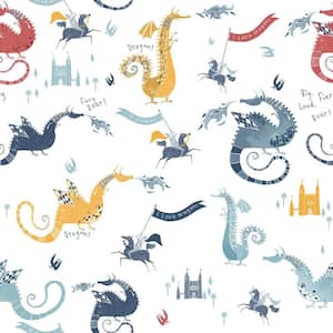 Tiny Tots 2 Collection Navy/Red/Yellow/Blue Matte Finish Kids Dragons Non-Woven Paper Wallpaper Roll