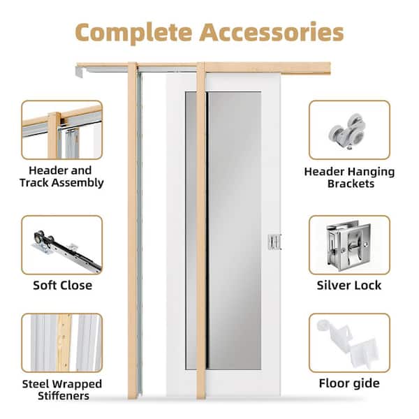 30 in. x 80 in. Full Lite Mirrored Glass White Primed Solid Wood Pocket Door with Lock, Soft Close, Frame and Hardware