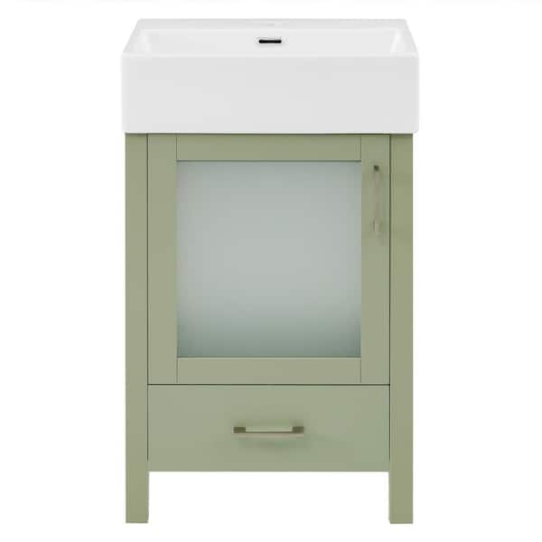 20 in. Single Sink Freestanding Green Bath Vanity with White Ceramic Top, Space-Saving Design