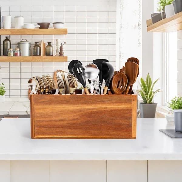 Farmhouse Acacia Wood Extra Large Utensil Holder with 4 Compartments Waterproof Counter Organizer Drying Holes
