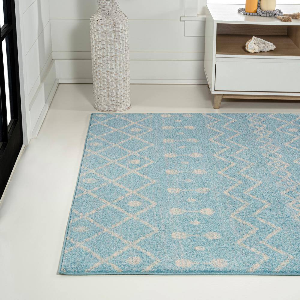 Turquoise and Cream Moroccan Synthetic Area Rug, 5'3" x 7'7"