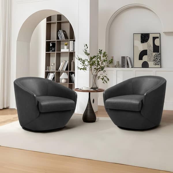 Uixe Modern Black PU Leather Swivel Accent Arm Chair with Metal Base(Set of 2)