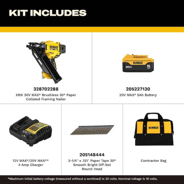 20V 30° Cordless Framing Nailer Kit and 3-1/4 in. x 0.131 in. Collated Nail (2500 Pieces) with 5Ah Battery and Charger