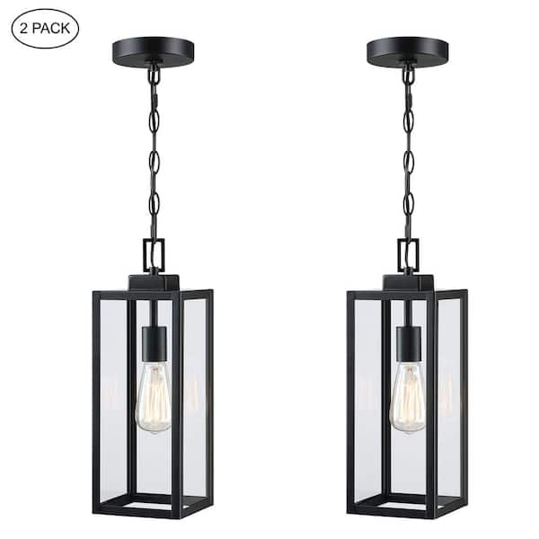 Hukoro 1-Light Matte Black Outdoor Hanging Lantern Pendant Light with Clear Glass (2-Pack)