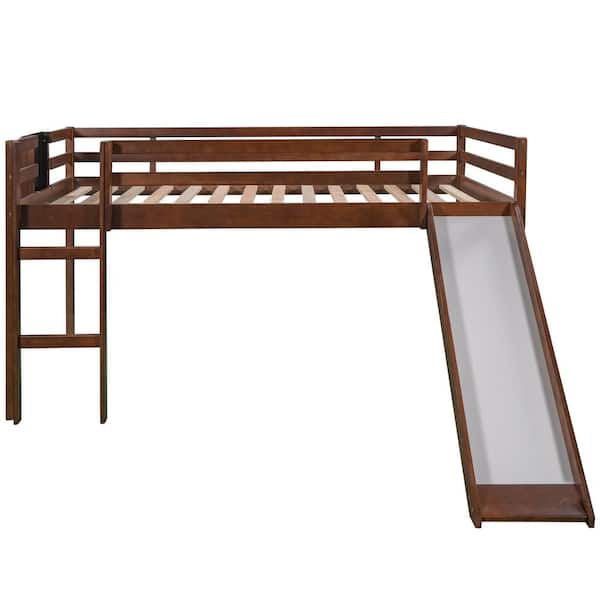 ANBAZAR Walnut Full Size Wood Loft Bed with Slide and Chalkboard, Low Floor Kids Loft Bed Frame with Slide and Ladder