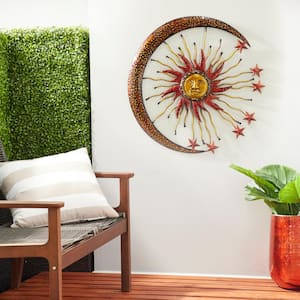 36 in. x  36 in. Metal Copper Indoor Outdoor Sun and Moon Wall Decor with Stars