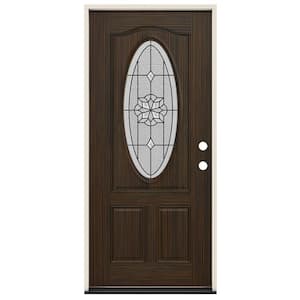 36 in. x 80 in. Left-Hand/Inswing 3/4 Oval McAlpine Decorative Glass Black Cherry Steel Prehung Front Door