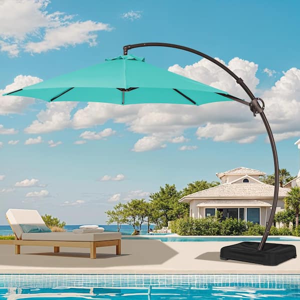 JEAREY 11 ft. Aluminum Cantilever Offset Hanging Patio Umbrella with Sandbag Base and Cover in Peacock Blue