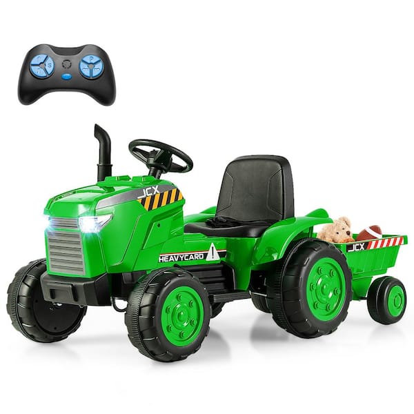 Gymax 9 in. Kids Ride-On Car with Trailer Remote Control Lights Green