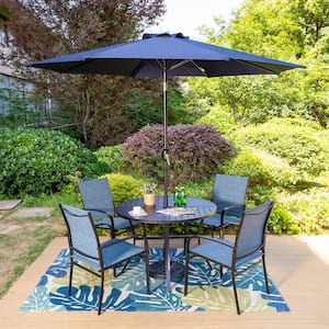 Black 6-Piece Metal Slat Round Table Patio Outdoor Dining Set with Blue Textilene Chairs and Umbrella