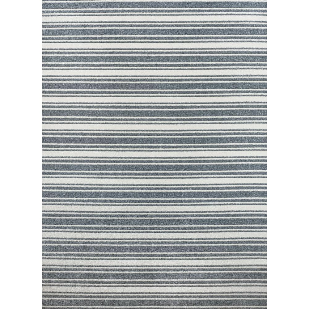 Cream and Dark Gray Striped Washable Synthetic Area Rug