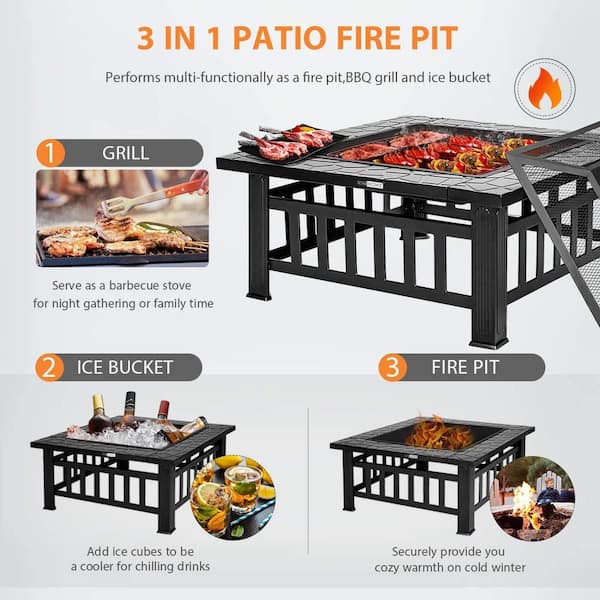 Square Metal Patio Firepit Table, 2 In 1 Fire Pit Table