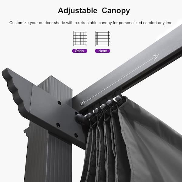 10 ft. x 10 ft. Gray Aluminum Frame Outdoor Patio Pergola Gazebo with Gray Retractable Sun Shade Canopy for Deck Garden
