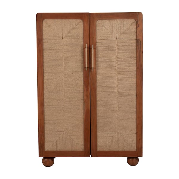 Brown Acacia Wood 40 in. Armoire with Woven Panel Doors and Interior Shelves
