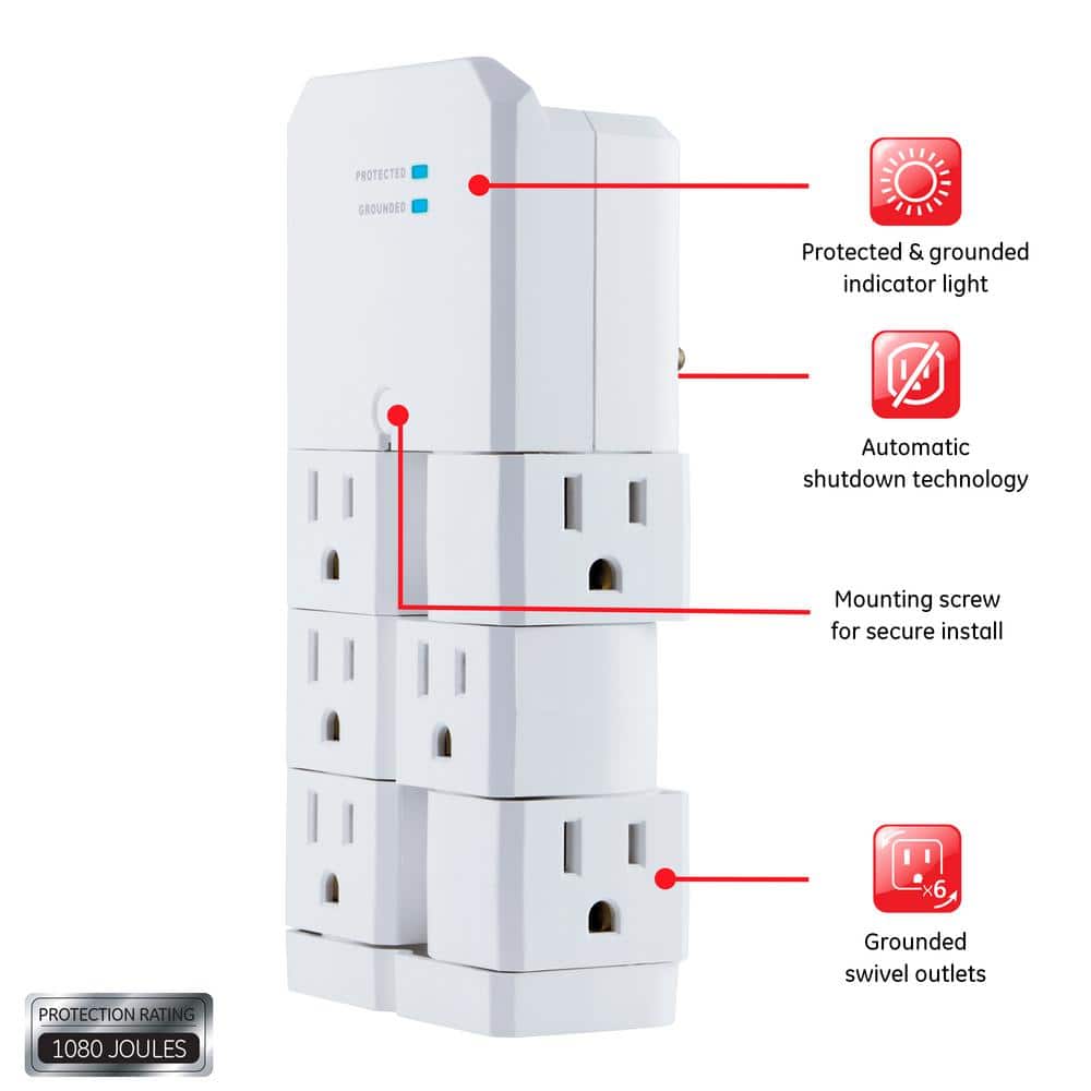 White 6-Outlet Swivel Wall Tap Surge Protector with USB Ports