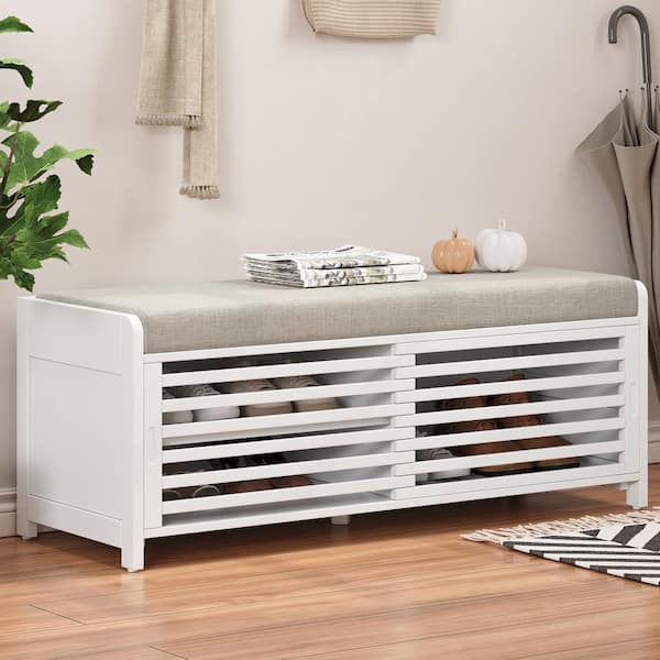 Harper & Bright Designs White Acacia Veneer Living Room Storage Bench with Seat Cushion, 2 Shutter Doors and 3 Shelves 43.3 in.