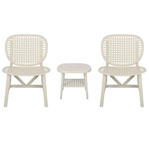 White 3-Pieces Patio Polypropylene Outdoor Bistro Set, All Weather, Table with Open Shelf and Lounge Chair