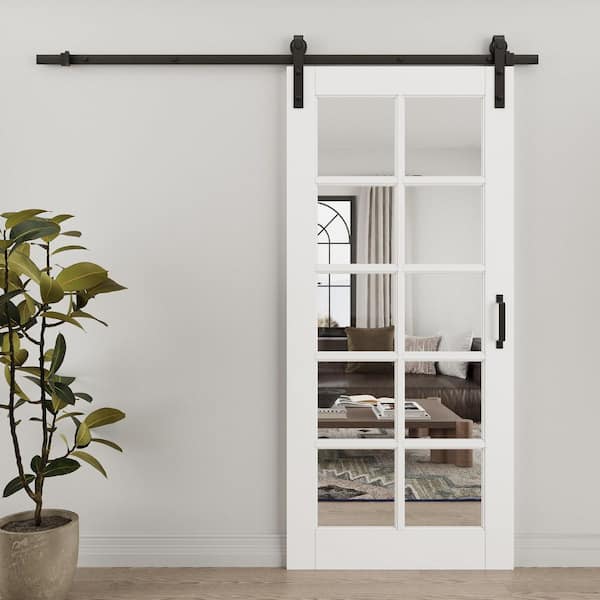 36 in. x 80 in. 10-Lite Tempered Clear Glass White Primed MDF Composite Sliding Barn Door with Hardware Kit