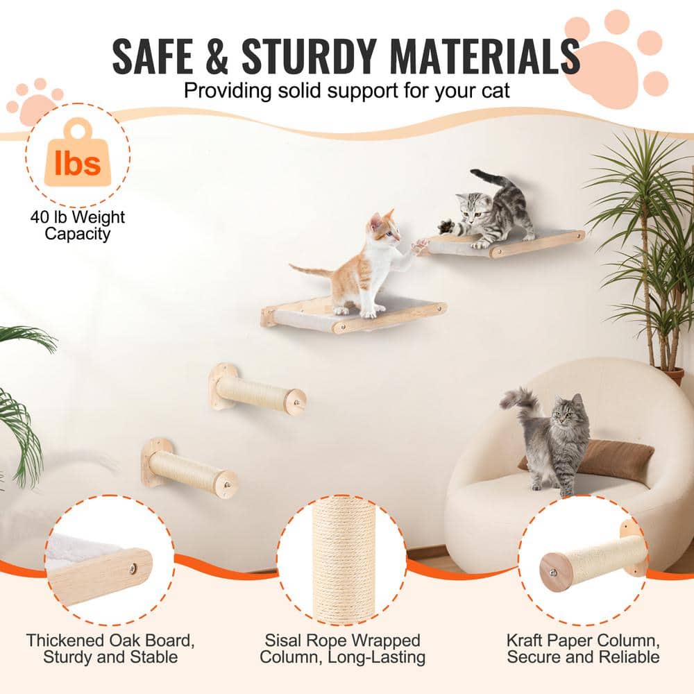 Natural Oak Wall Mounted Cat Shelves with Hammocks and Posts