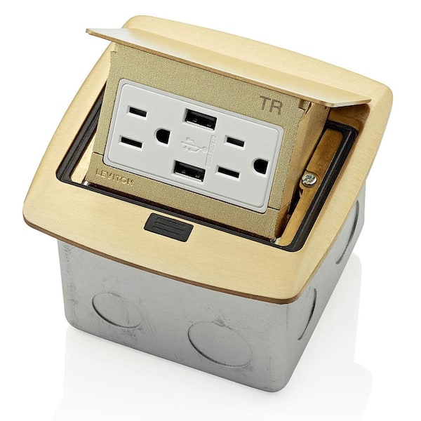 Leviton Pop-Up Floor Box with Dual Type A, 3.6 Amp USB Charger, 15 Amp Outlet, Brass PFUS1-BR