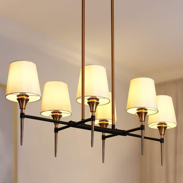 Modern Mid-century 6-Light Brass Linear Kitchen Island Chandelier with Fabric Shades Traditional Black Dining Room Light