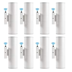 White Dusk to Dawn Outdoor Hardwired Cylinder Wall Lantern Sconce with Integrated LED Up Down Lights (8-Pack)