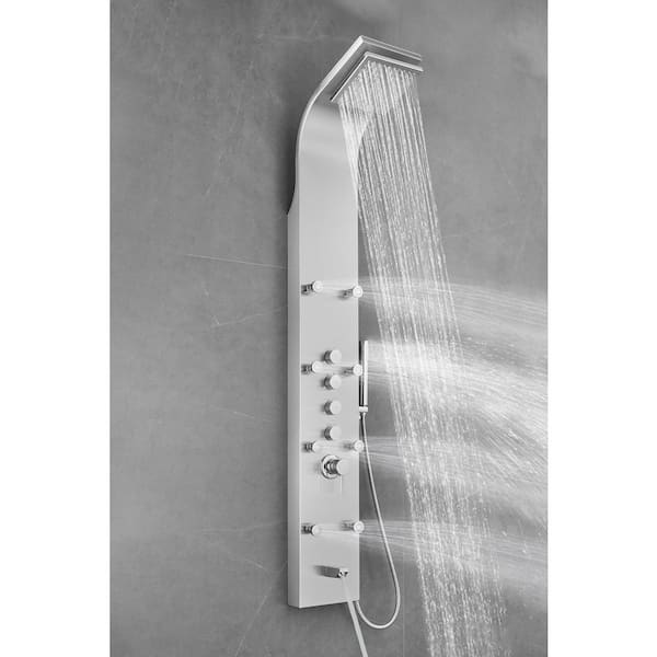 65 in. 8-Jet Shower Panel System in Stainless Steel with Adjustable Rainfall Shower Head, Handshower Wand and Tub Spout