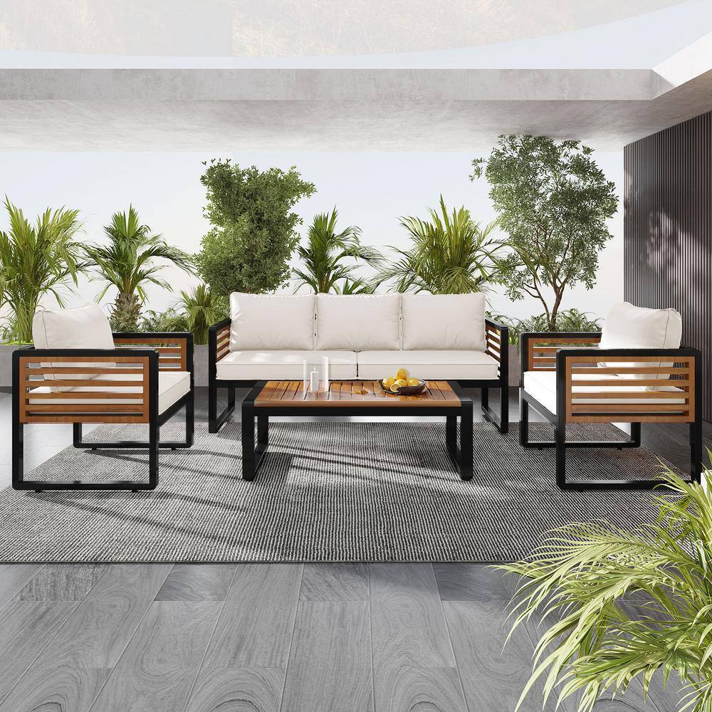4-Piece Metal and Wood Frame 5-Person Seat Patio Conversation Set with Beige Removable Cushions and Pillows price history on PriceWatchPro