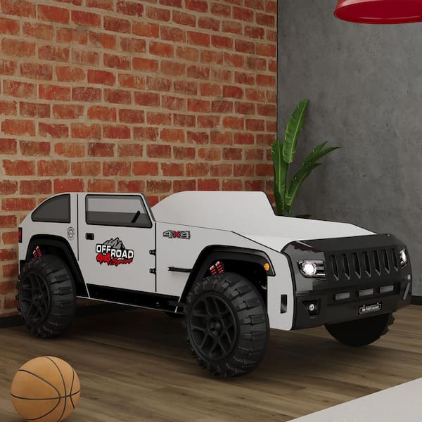 Alamo Black and White Twin Jeep Design Bed with LED Headlights